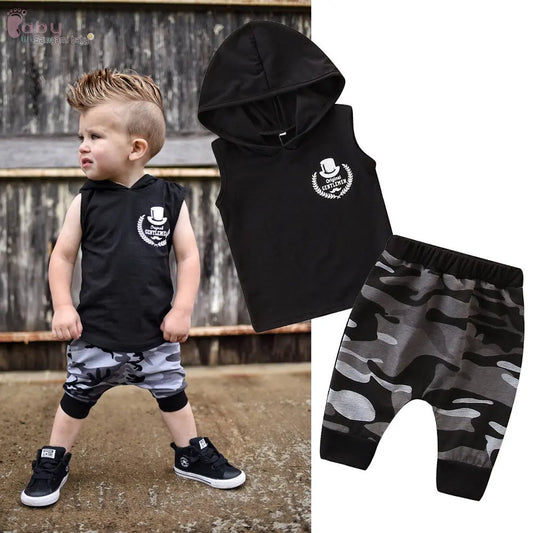 2PCs Boy Sleeveless Hooded T-shirt and Camo Pants - Baby World