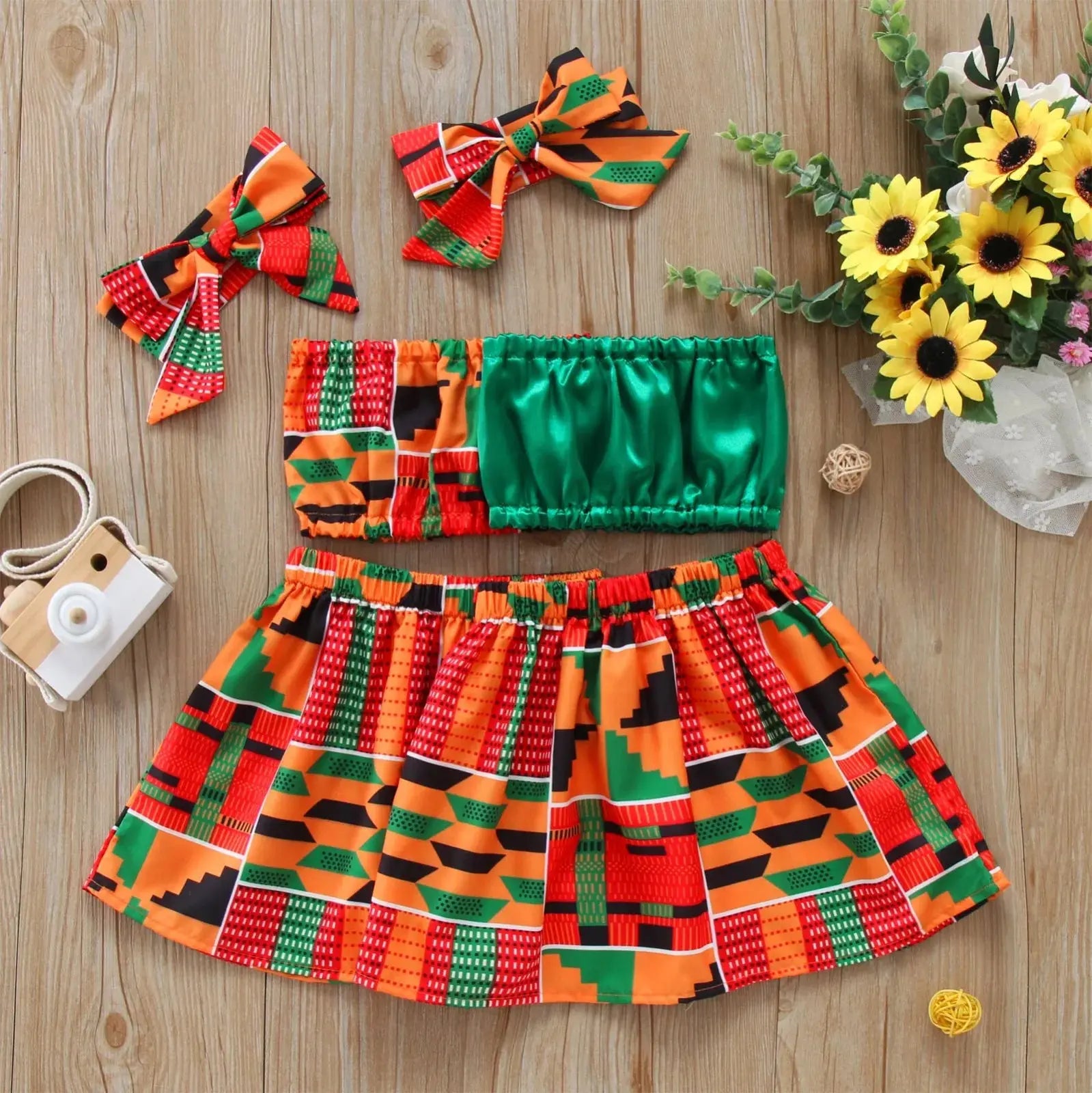 African Style Vest Tops Dashiki Skirts Headband Ankara Outfits Set - Baby World