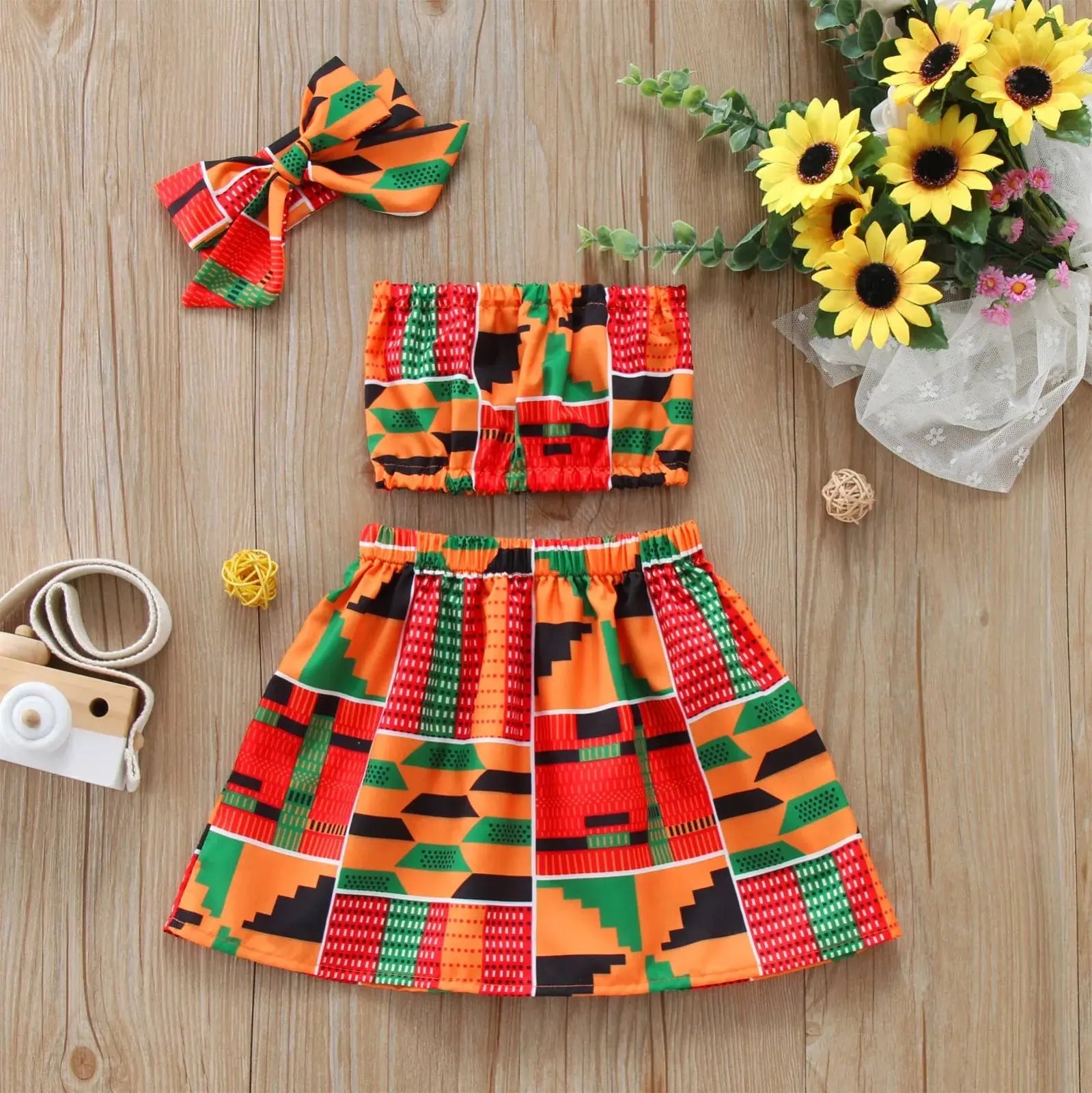 African Style Vest Tops Dashiki Skirts Headband Ankara Outfits Set - Baby World
