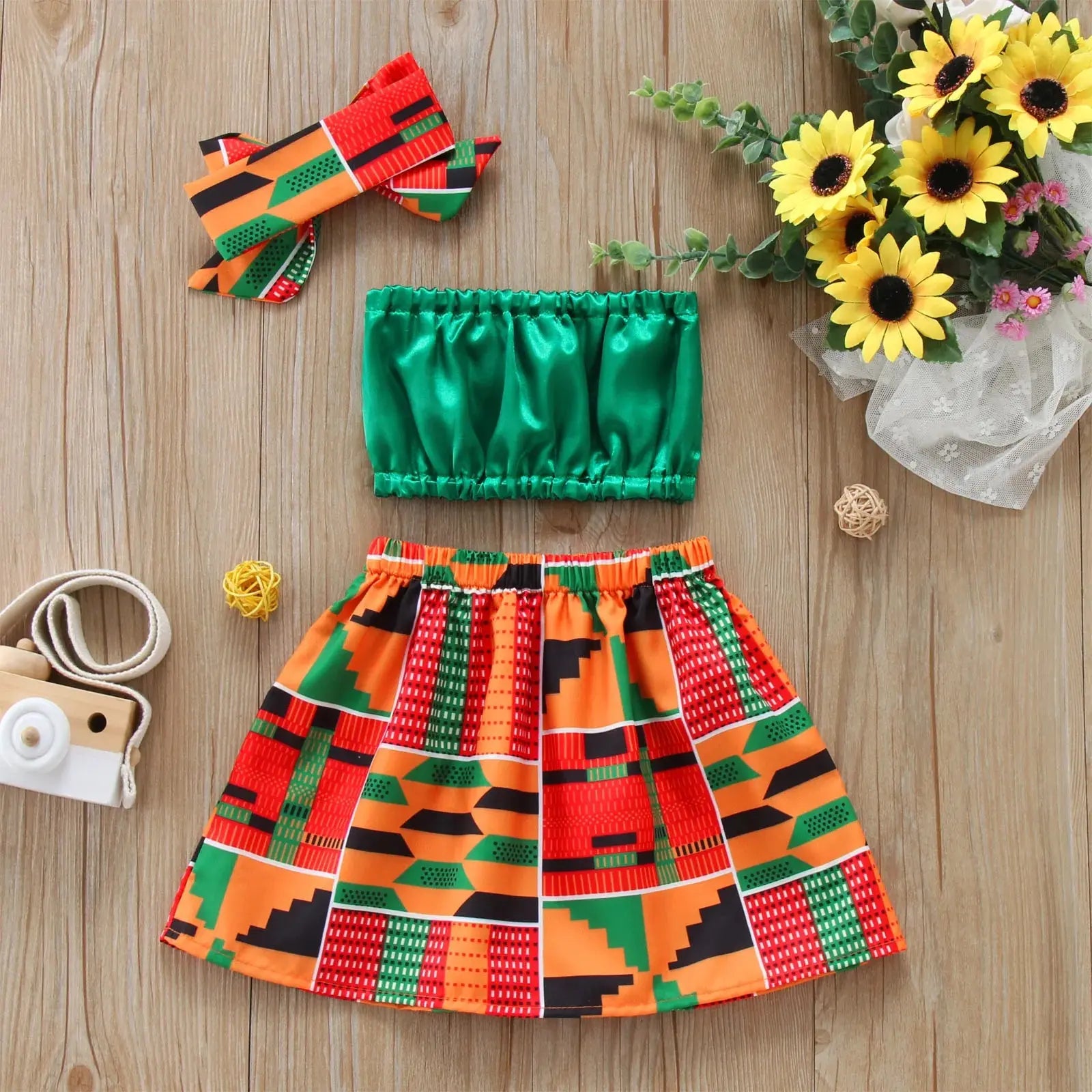 African Style Vest Tops Dashiki Skirts Headband Ankara Outfits Set - Baby World