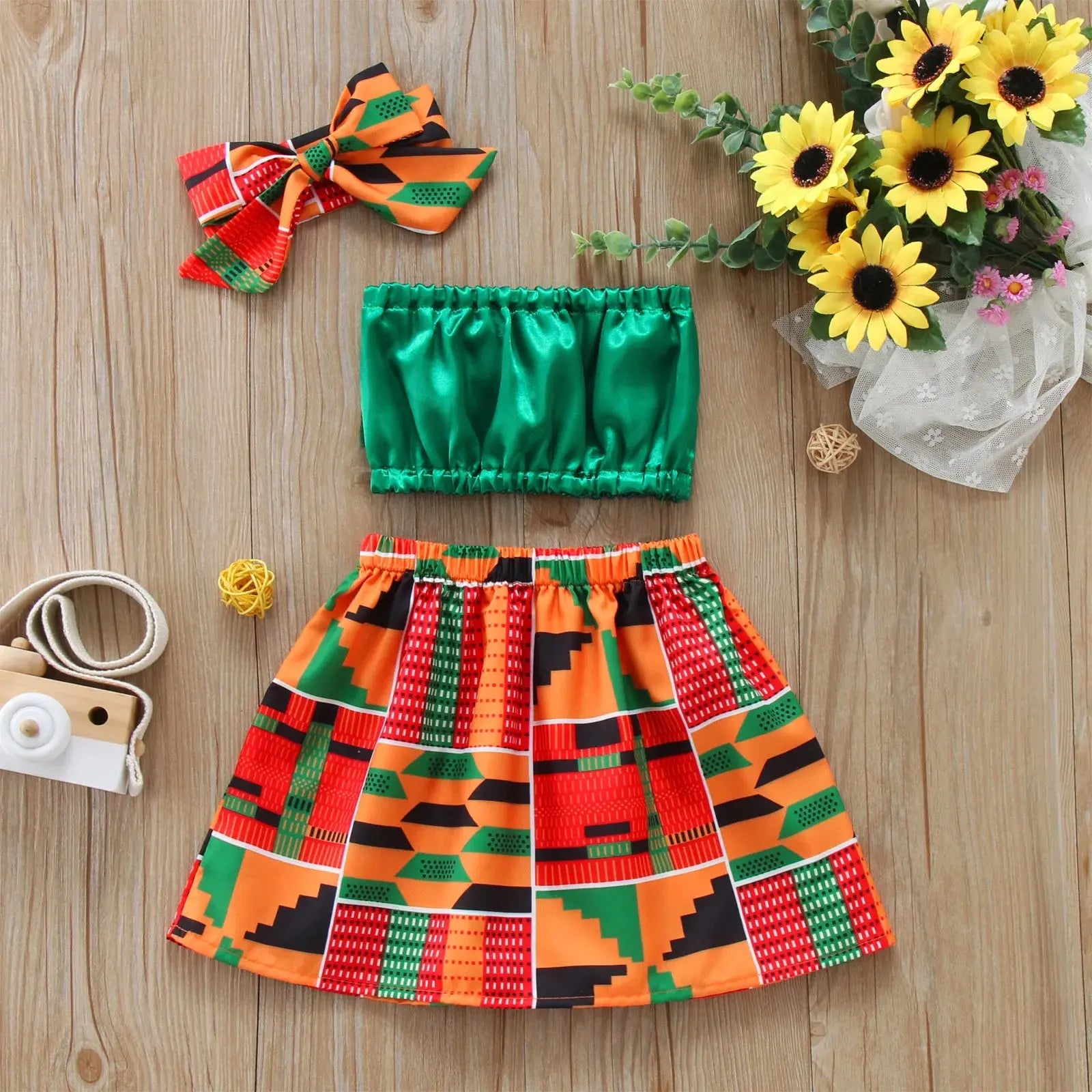 African Style Vest Tops Dashiki Skirts Headband Ankara Outfits Set - Baby World