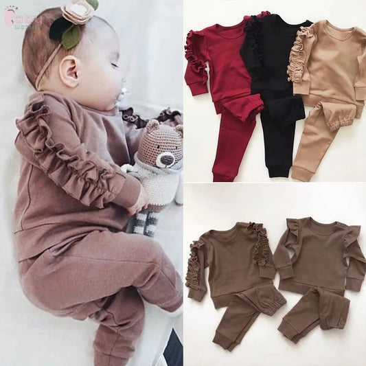 Newborn Baby Boys Girls Ruffles Jumper Solid Long Sleeve Sweatshirt Tops Pants Infant Kids 2Pcs Outfits Clothes Set Fall Clothes Baby World