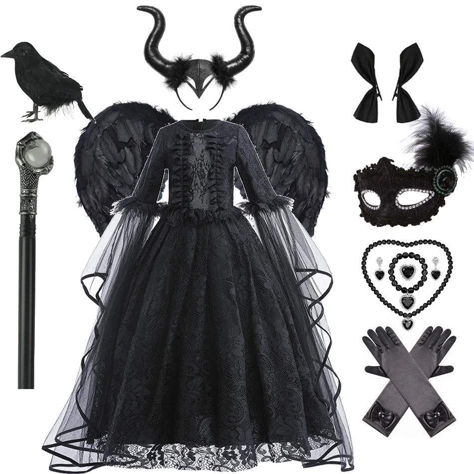 Maleficent Dress For Girls Luxury Lace Black Witch Frocks Kid Halloween Carnival Cosplay Costume Dark Theme Role Playing Outfits Dress With Petticoat Maleficent Dress For Girls Luxury Lace Black Witch Frocks Kid Halloween Carnival Cosplay Costume Dark Theme Role Playing Outfits Dress With Petticoat