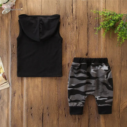 2PCs Boy Sleeveless Hooded T-shirt and Camo Pants - Baby World