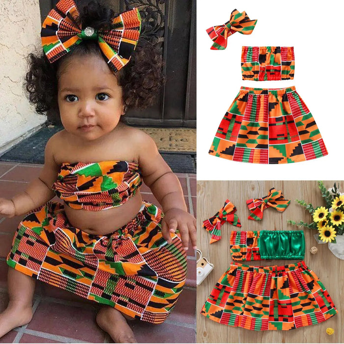 African Style Vest Tops Dashiki Skirts Headband Ankara Outfits Set - Baby World