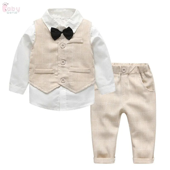 Boys White Shirt Suit With Tie, Striped Vest, Three-piece Pants Suit Baby World