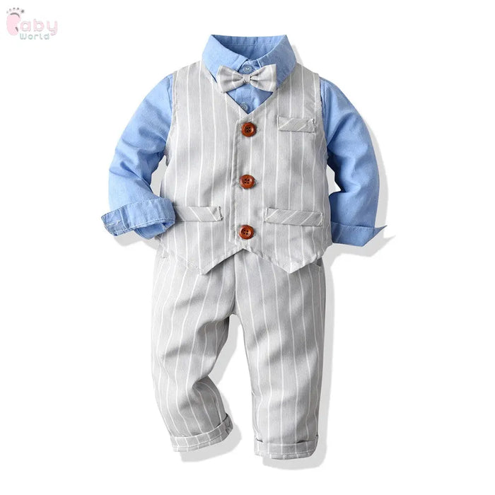 Boys White Shirt Suit With Tie, Striped Vest, Three-piece Pants Suit Baby World