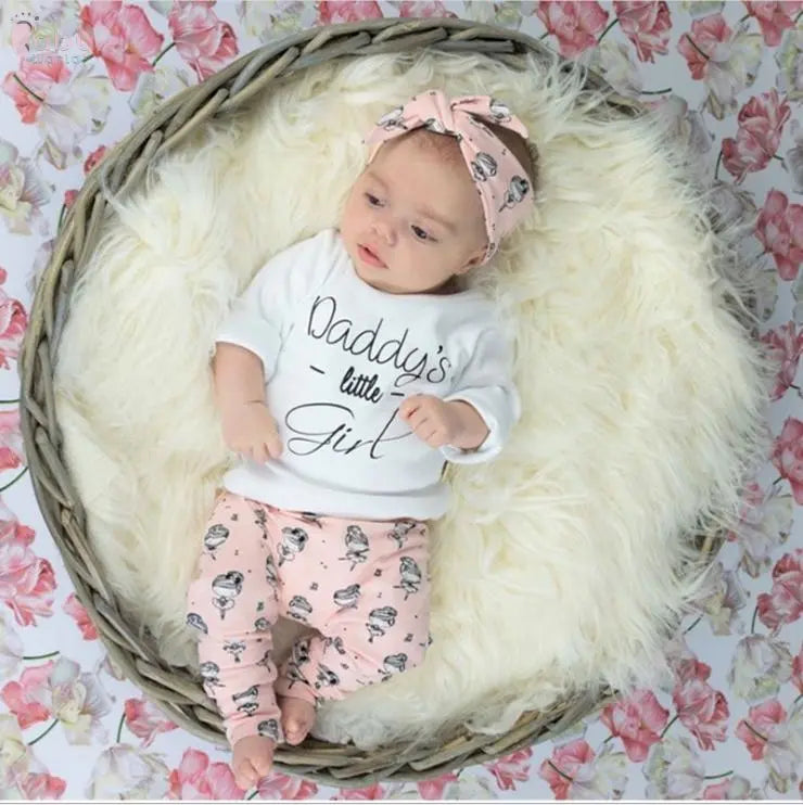Infant Baby Girls Clothes Daddy's Little Girl T-shirt Cartoon Pants Headband Toddler Outfits Clothing Set Baby World