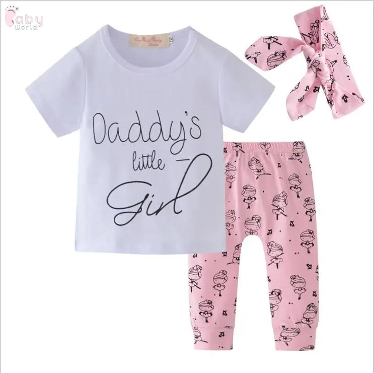 Infant Baby Girls Clothes Daddy's Little Girl T-shirt Cartoon Pants Headband Toddler Outfits Clothing Set Baby World