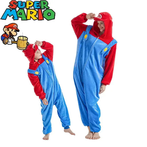 New Super Mario Bros Cartoon Children Adult One-piece Pajamas Cute Luigi Homewear Children Warm One-piece Pajamas - Baby World