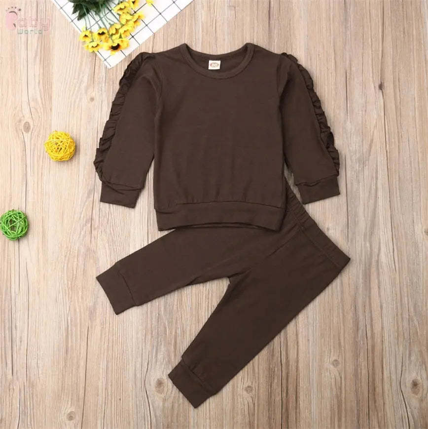 Newborn Baby Boys Girls Ruffles Jumper Solid Long Sleeve Sweatshirt Tops Pants Infant Kids 2Pcs Outfits Clothes Set Fall Clothes Baby World