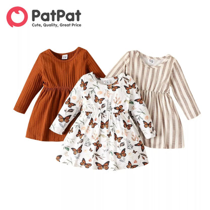 PatPat NewBorn Dresses Baby Girl Clothes New Born Babies Kids Birthday Party Dress Ribbed Striped Long-sleeve Overalls Children - Baby World