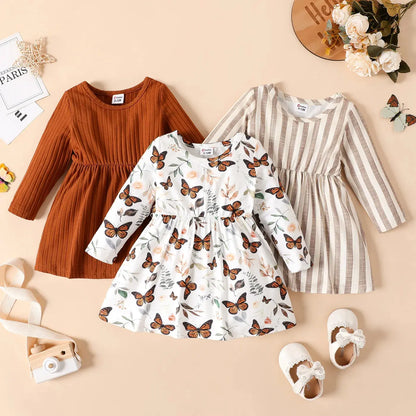 PatPat NewBorn Dresses Baby Girl Clothes New Born Babies Kids Birthday Party Dress Ribbed Striped Long-sleeve Overalls Children - Baby World
