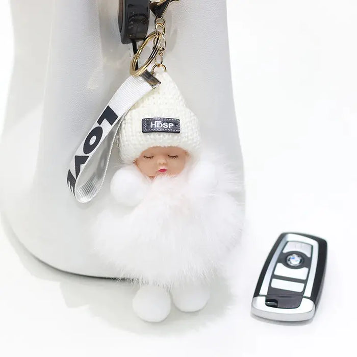 Pompom Sleeping Baby Keychain Cute Fluffy Plush Doll Keychains Women Girl Bags Keyrings Cars Key Ring  Gift Charming  Decoration Baby World