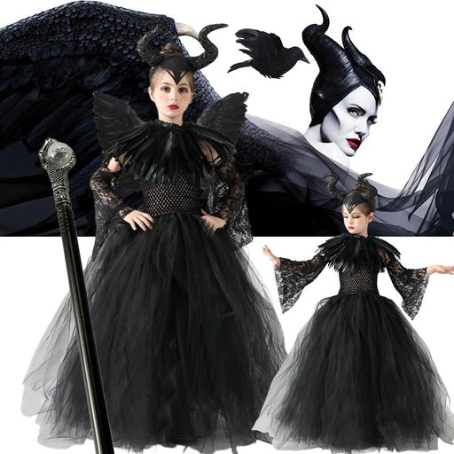 Disney Girls Cosplay Halloween Maleficent Dark Black Tutu Dress Kids Evil Queen Black Mesh Princess With Wings Shawl Costume 12T