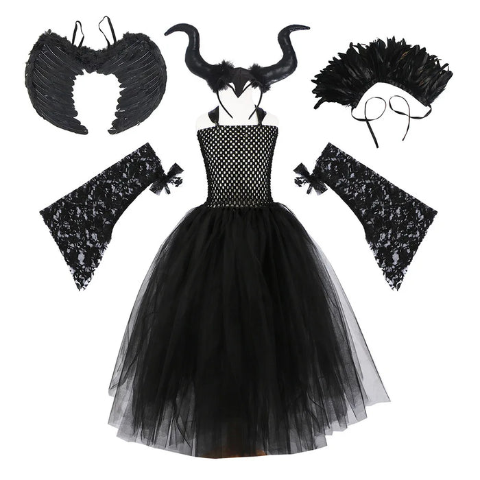 Disney Girls Cosplay Halloween Maleficent Dark Black Tutu Dress Kids Evil Queen Black Mesh Princess With Wings Shawl Costume 12T