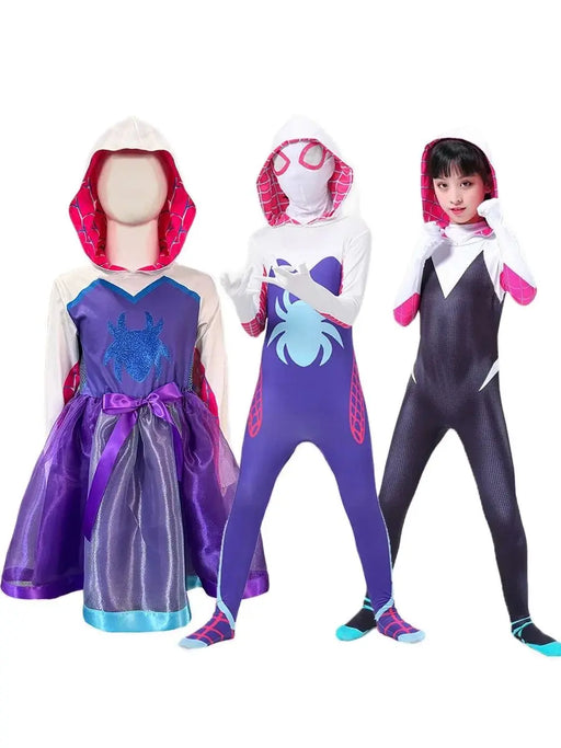 Girls Gwen Ghost Spider Costume Bodysuit Halloween Cosplay Hooded Holiday Party Costumes Kids Fantasy Sexy Dress Up Outfit