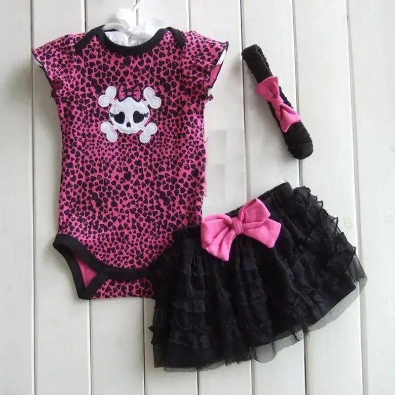 Skull Summer Infant Kids Girls Clothing Sets Bodysuits +Tutu Skirt + Headband  3 Piece Suits Leopard Baby Girl Clothes Baby World